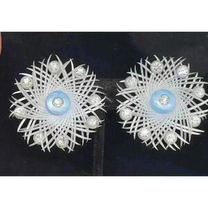 Vintage Clip Earrings Plastic Blue Peacock Spikey Atomic Retro 1950 Rhinestone